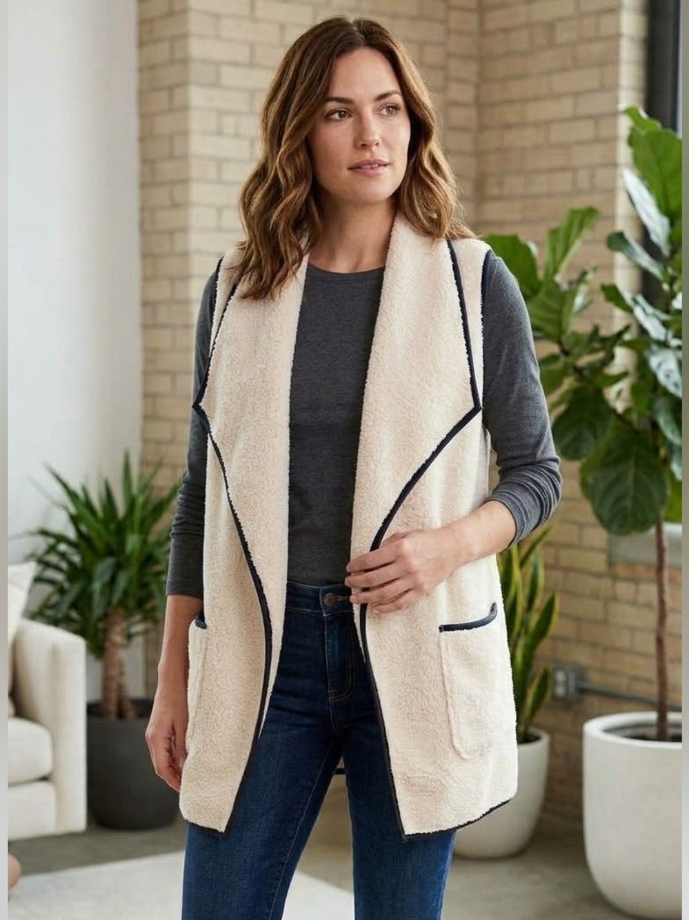 Hem & Thread Cozy Cream Sherpa open front Vest with Contrast Trim - small
